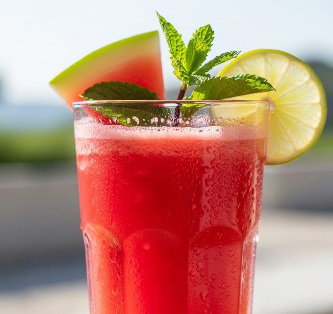 A tall, clear glass of vibrant watermelon juice, garnished with mint and lime, with slight condensation. Alt Text: "Refreshing homemade watermelon juice in a glass with mint and lime garnish