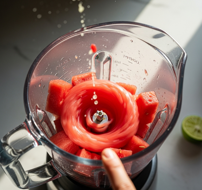 Watermelon Juice Action shot of a blender with chunks of watermelon inside, just starting to blend, showing a slight swirl of red. A hand might be visible pressing the button or pouring a small amount of lime juice in. Alt Text: u0022Blending fresh watermelon chunks for homemade juice