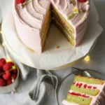 Delicious Raspberry Pistachio Cake with layers of pistachio and raspberry buttercream.