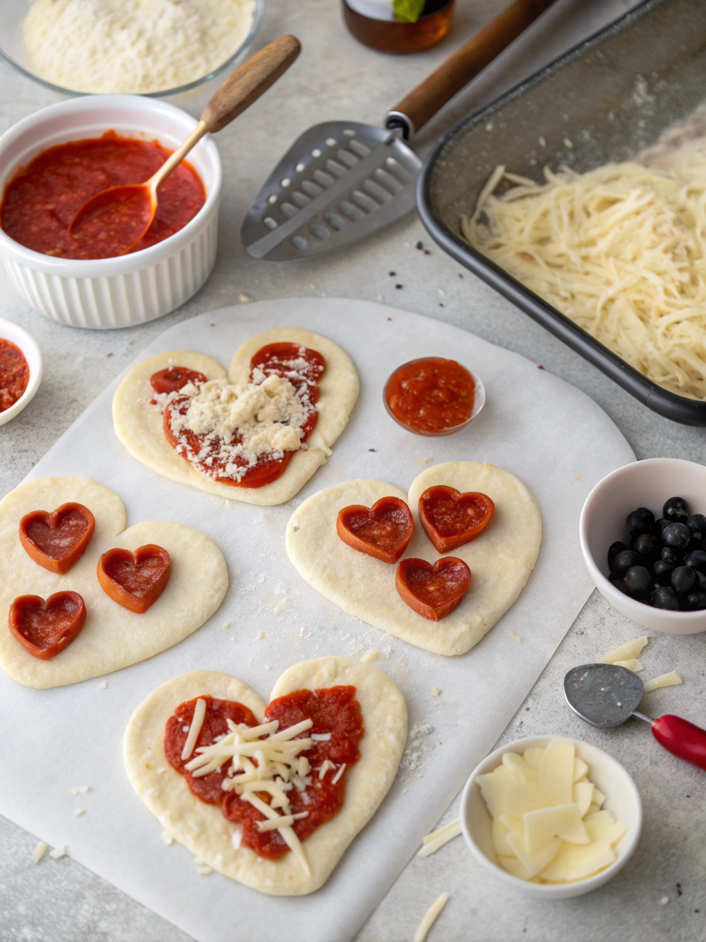 heart shaped mini pizzas preparing steps