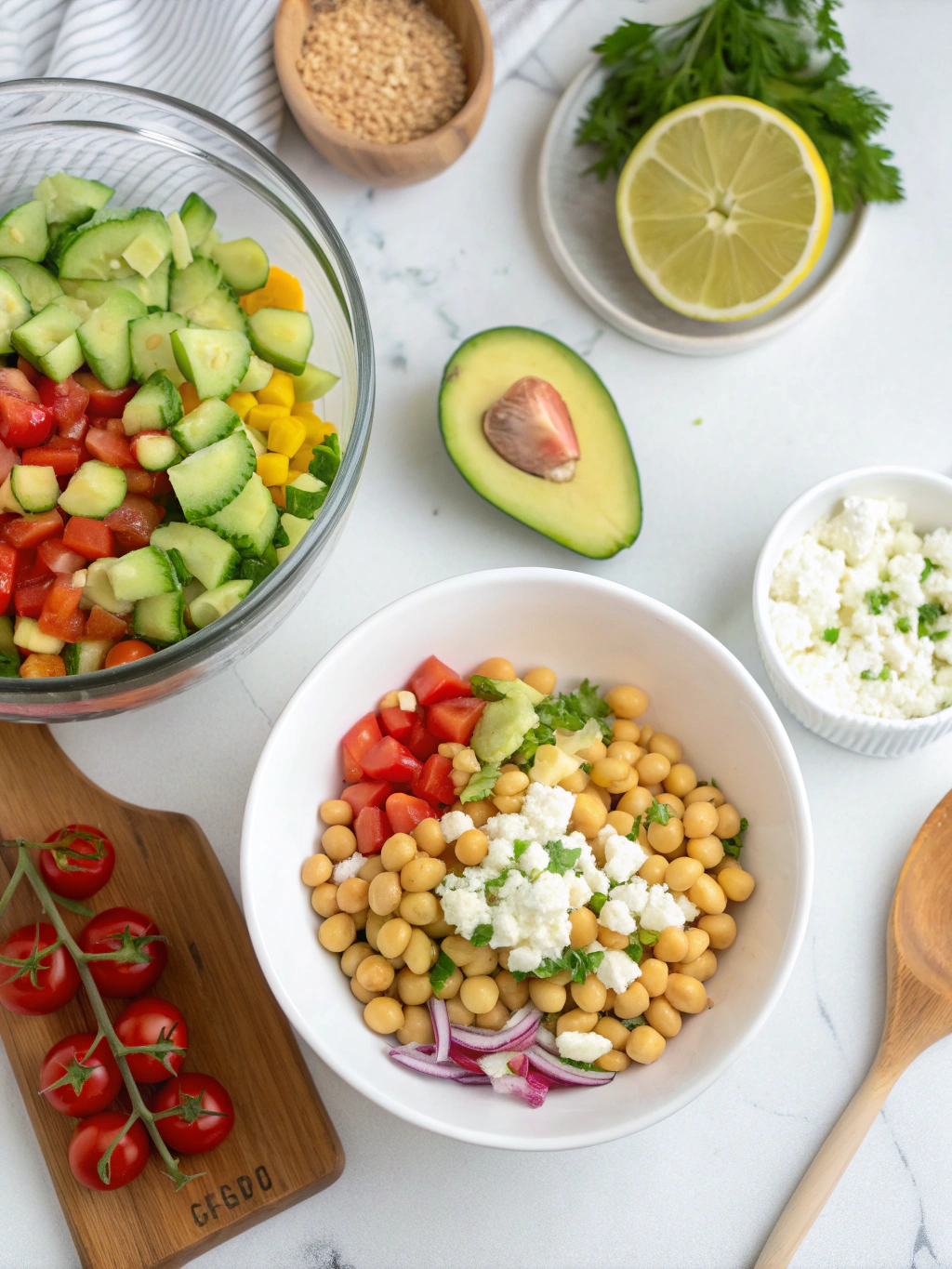 Chickpea Feta Avocado Salad preparing steps