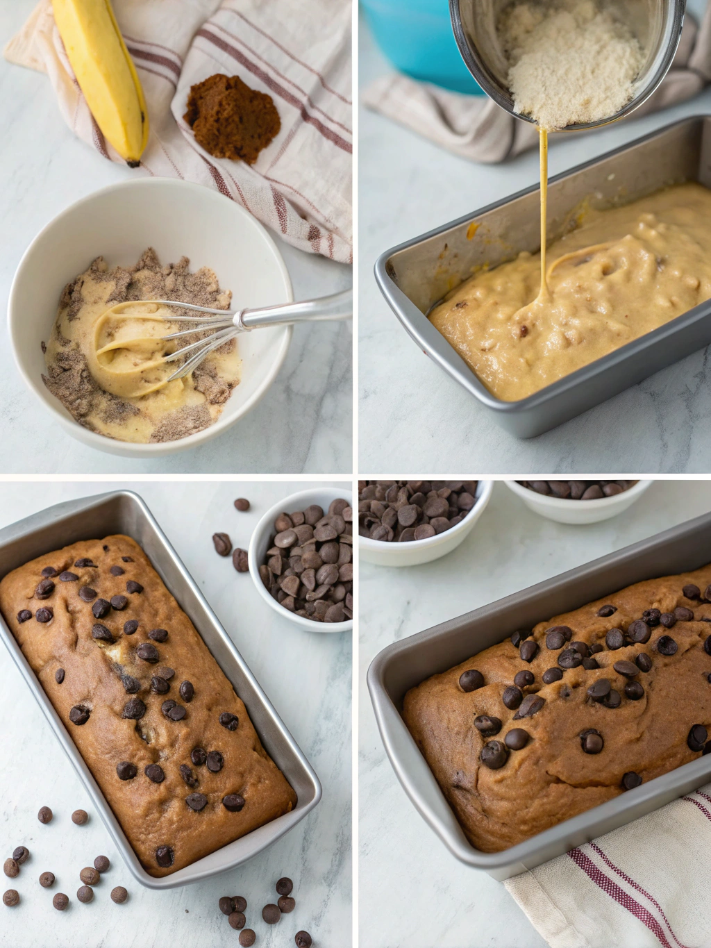 chocolate chip banana bread preparing steps