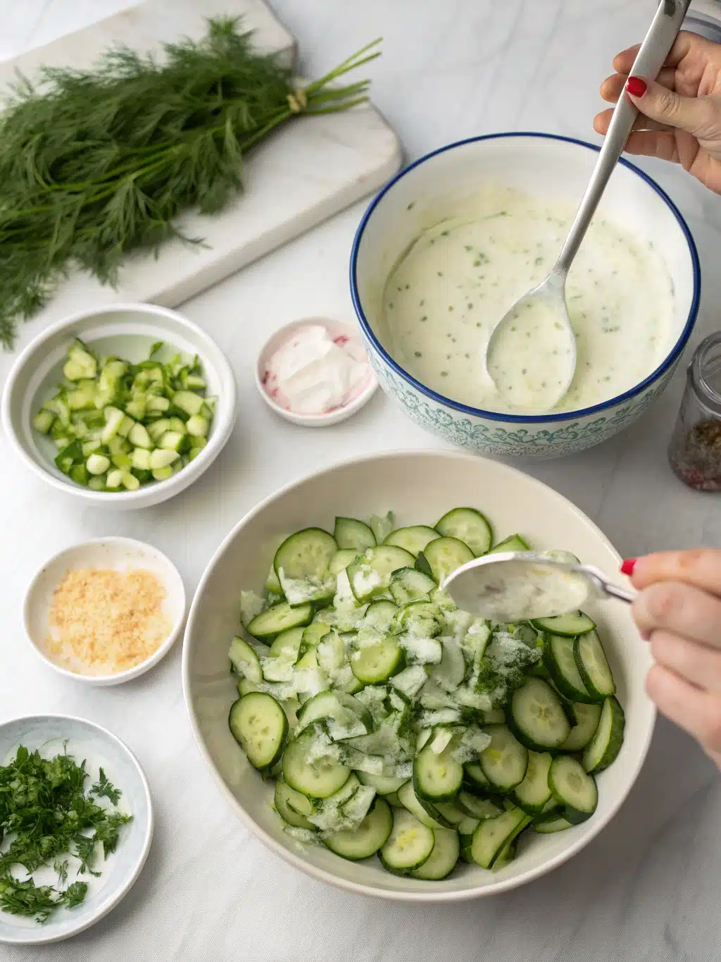 Creamy Cucumber Salad preparing steps